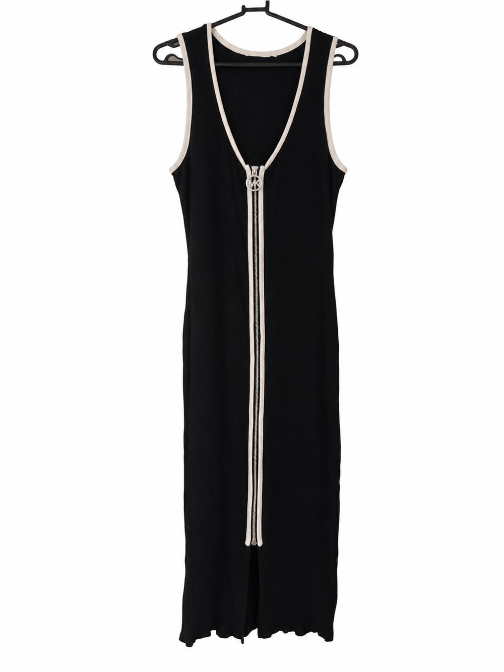 Michael Kors Black Midi Dress with white Trim and MK Zipper Pull